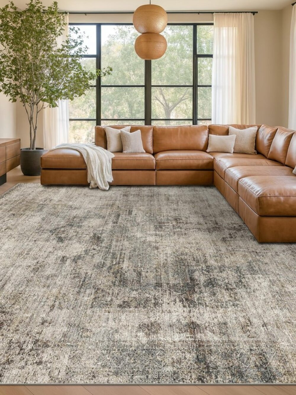Farmhouse 8x10 Washable Area Rugs for Living Room, Neutral Taupe Brown Abstract